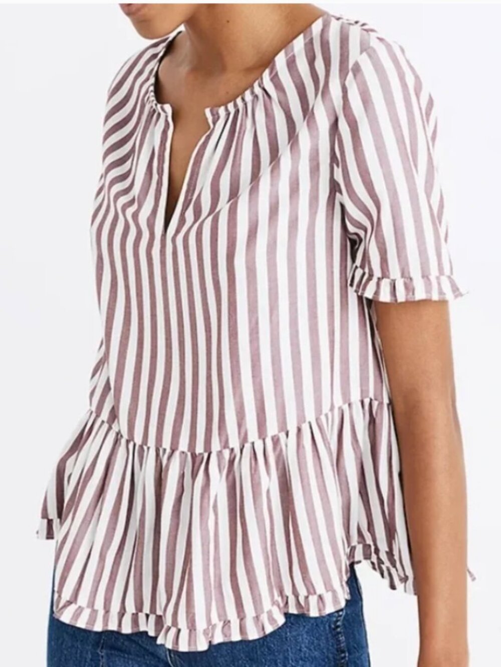 Madewell Stanza Ruffle-hem Peplum Top in Purple Stripe | Size XS